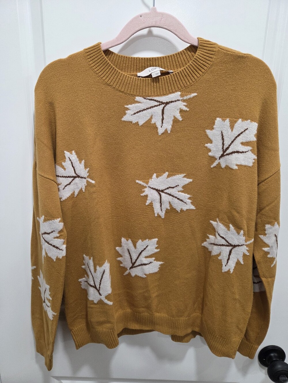 LOFT Whimsical Mustard Yellow Leaf Print Knit Crewneck Sweater Size Large